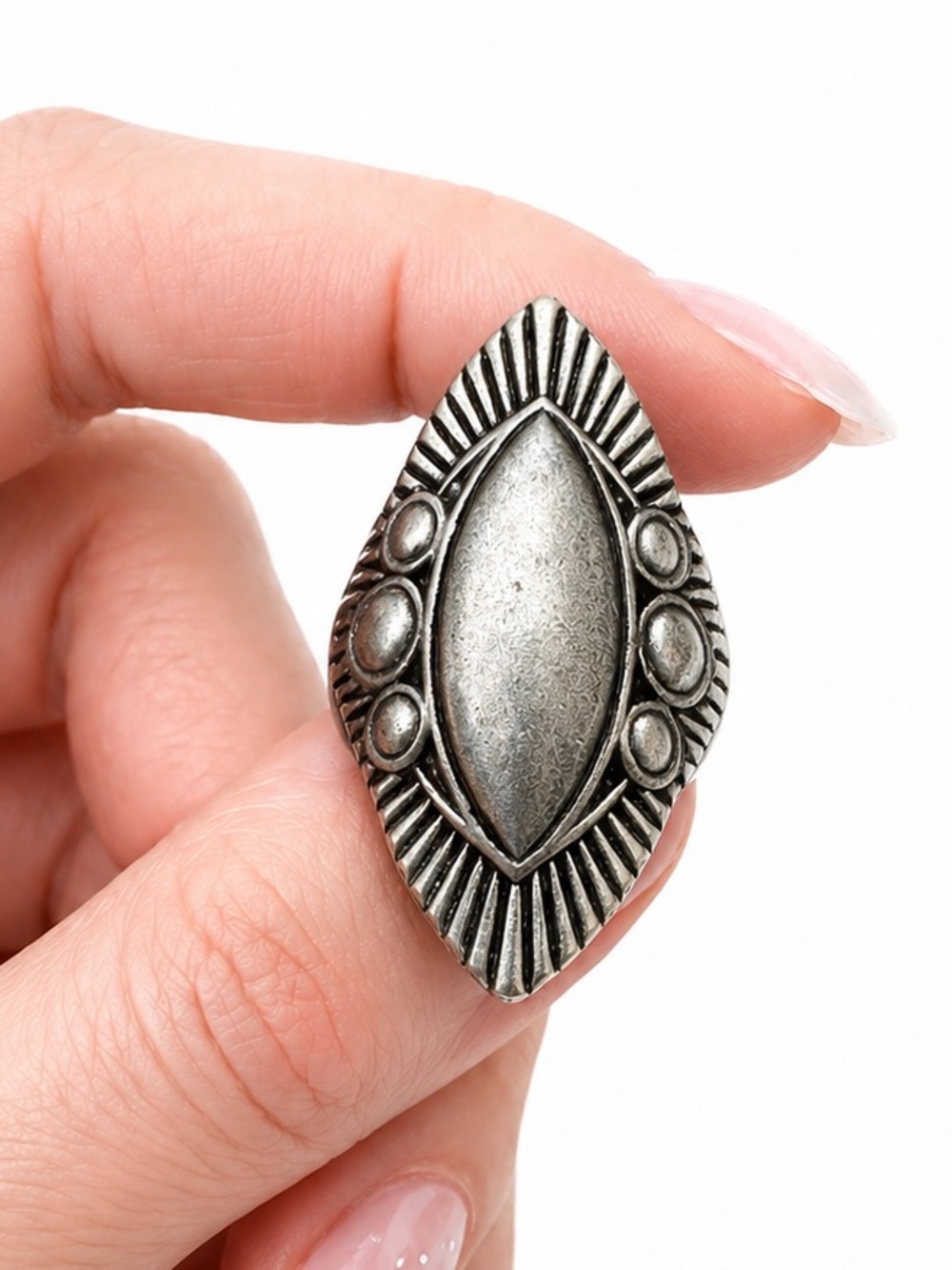 Vintage Southwestern Silver Tone Marquise Ring Navajo Style Boho Tribal